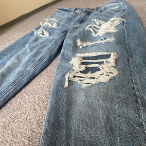 Distressed Mom Jean w/ red & blue plaid subtle Patches